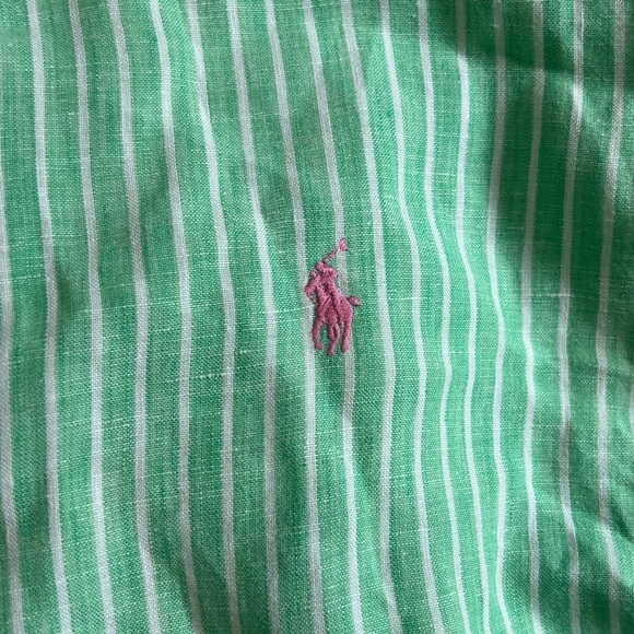 Polo Ralph Lauren Medium 100% Linen Light Green Striped Summer Lightweight Shirt - Picture 2 of 9